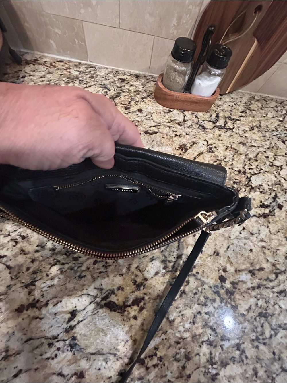 Tory Burch Black Pebbled Leather Flap Wristlet with Embossed Logo - Picture 10 of 11